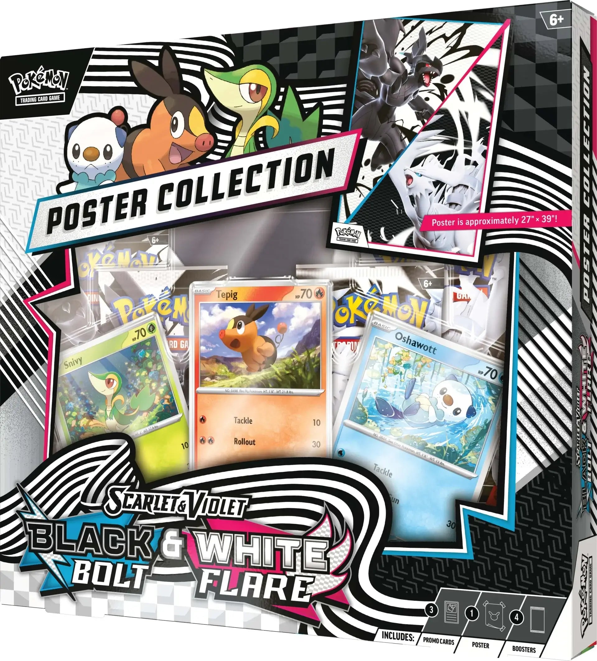 Pokemon Trading Card Game: Black Bolt And White Flare Poster Collection, Poster, Black Bolt Booster Packs, White Flare Booster Packs, Snivy promo card, Tepig promo card and Oshawott promo card