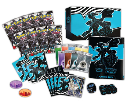 Pokemon Trading Card Game: Black Bolt Elite Trainer Box Contents. Pokemon Card Black Bolt Packs, Thunderus promo card, Black Bolt card sleeves, card dividers, dice, counters, energy cards