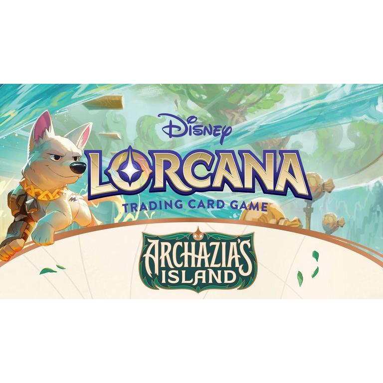 Disney Lorcana Trading Card Game's Archazia's Island Banner Image. Showcasing the Disney Lorcana TCG logo, the dog, Bolt, and the Archazia's Island logo | The Card Table