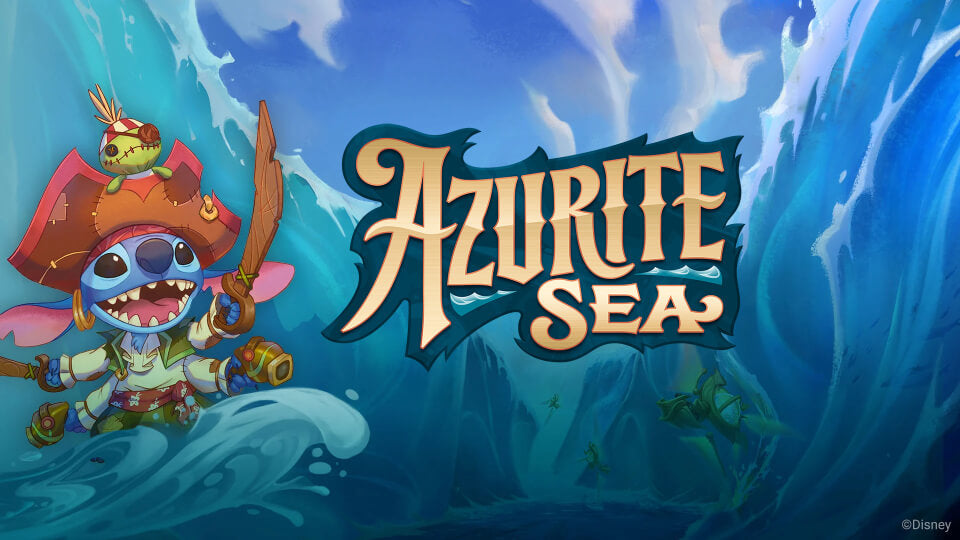 Disney Lorcana Trading Card Game's Azurite Sea Banner Image. Showcasing the Disney Lorcana Azurite Sea logo, and the popular character, Stitch, dressed in a pirate's outfit and hat | The Card Table