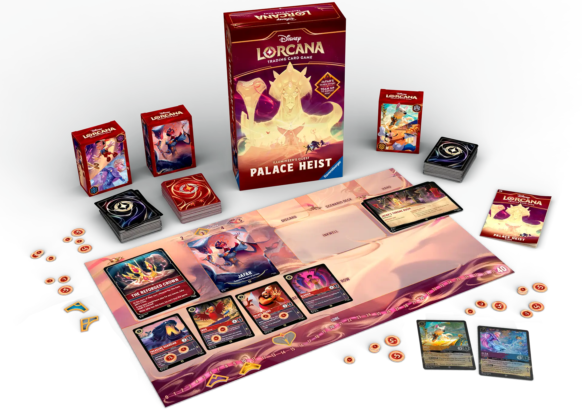 Disney Lorcana's Reign Of Jafar Set, the Illumineer's Quest: Palace Heist box. With it's contents, including a playmat, trading cards, coins, decks and deck boxes