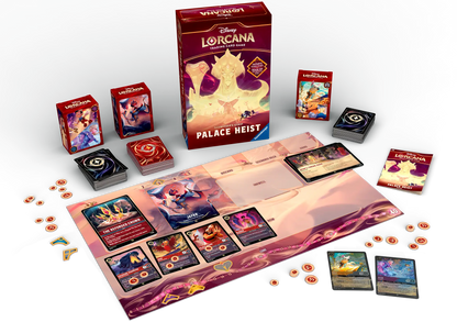 Disney Lorcana's Reign Of Jafar Set, the Illumineer's Quest: Palace Heist box. With it's contents, including a playmat, trading cards, coins, decks and deck boxes
