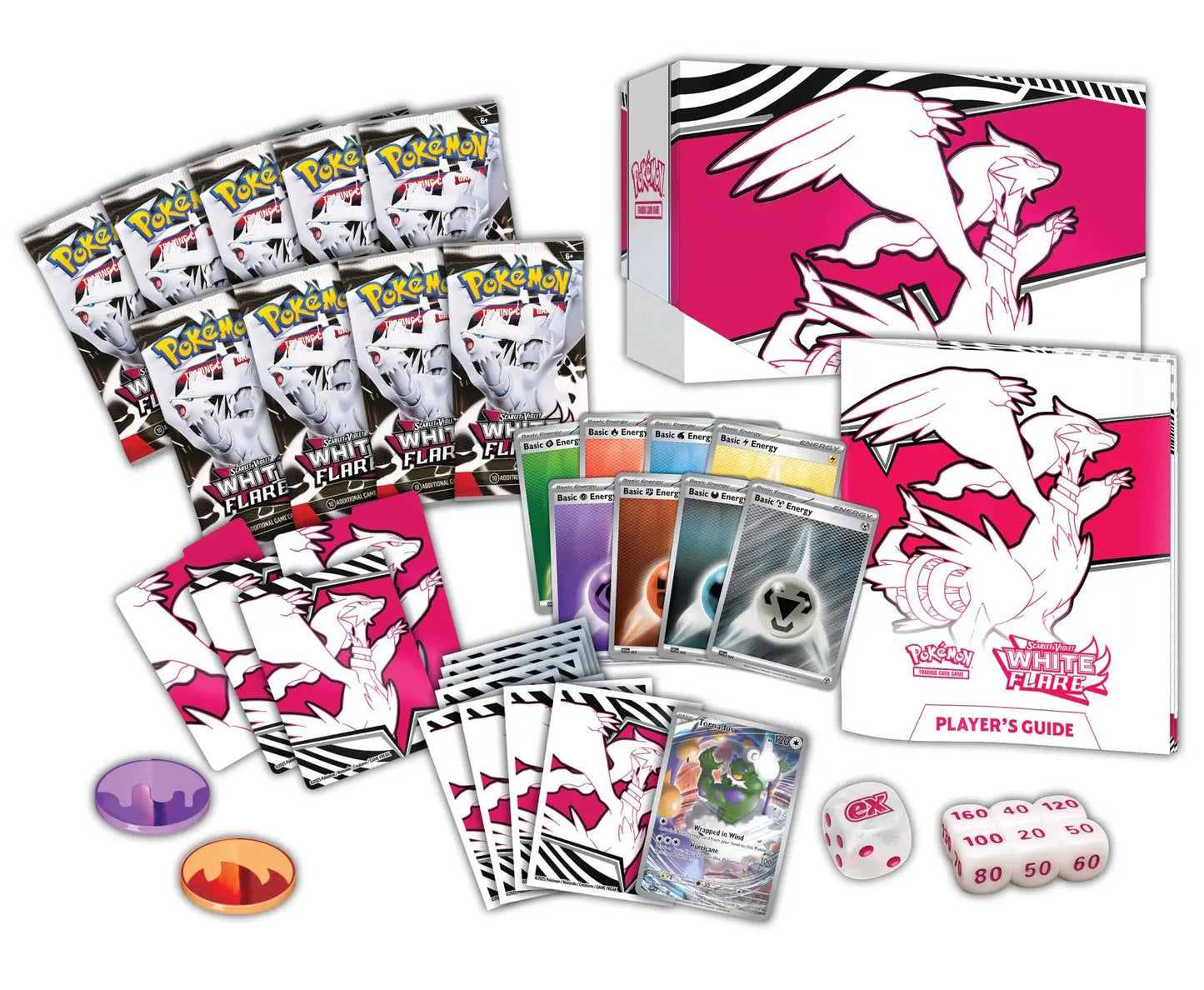 Pokemon Trading Card Game: White Flare Elite Trainer Box Contents. Pokemon Card White Flare Packs, Tornadus promo card, White Flare card sleeves, card dividers, dice, counters, energy cards